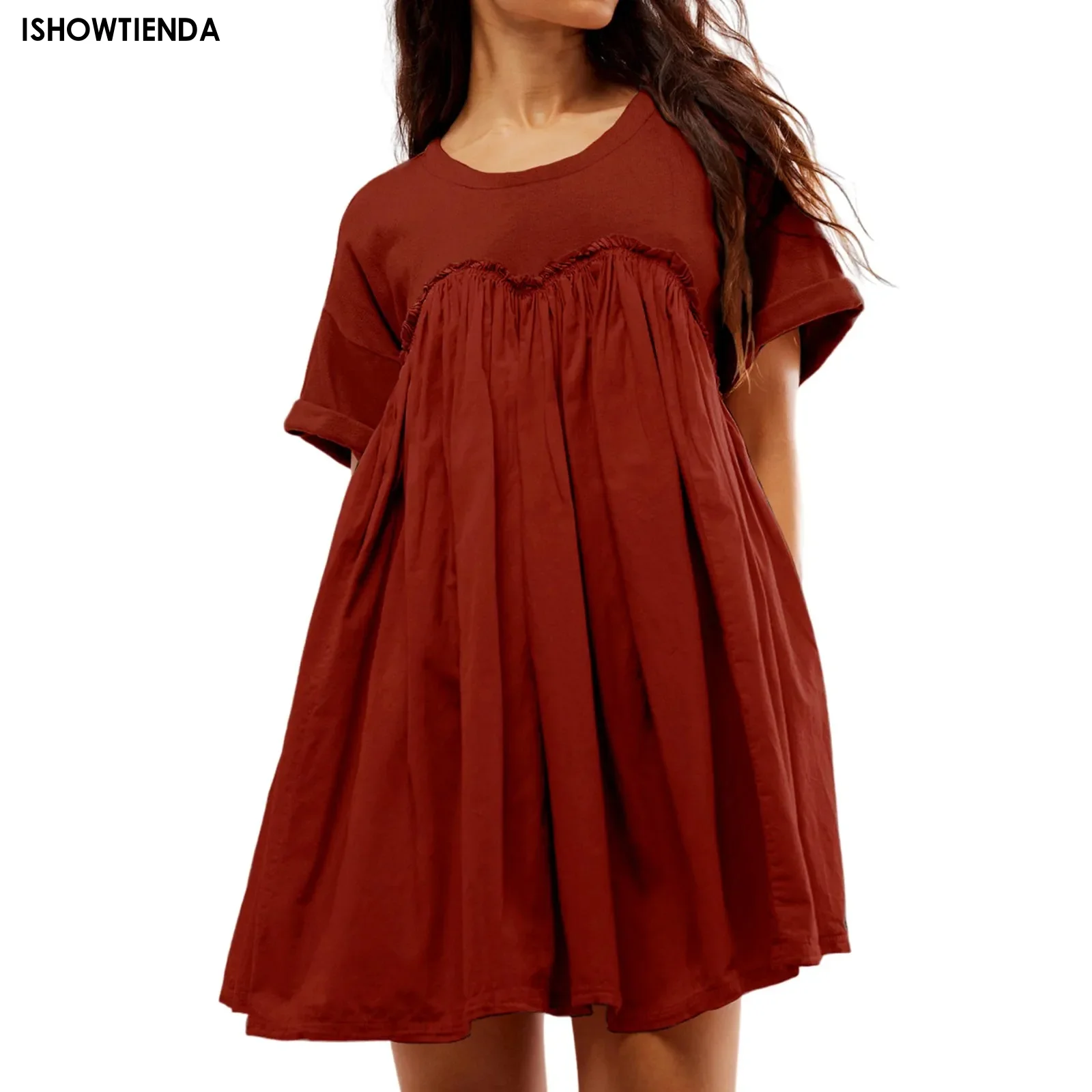 

Женское ТРАПЕЦИЕВИДНОЕ ПЛАТЬЕ, повседневное однотонное лоскутное платье составного кроя с оборками, коротким рукавом, круглым вырезом, вышивкой на талии, широкой юбкой, в стиле пэчворк, для лета