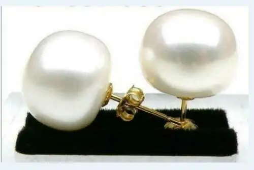 Huge AAAA 14-13mm Exquisite natural white south sea stud pearl earring 14k solid