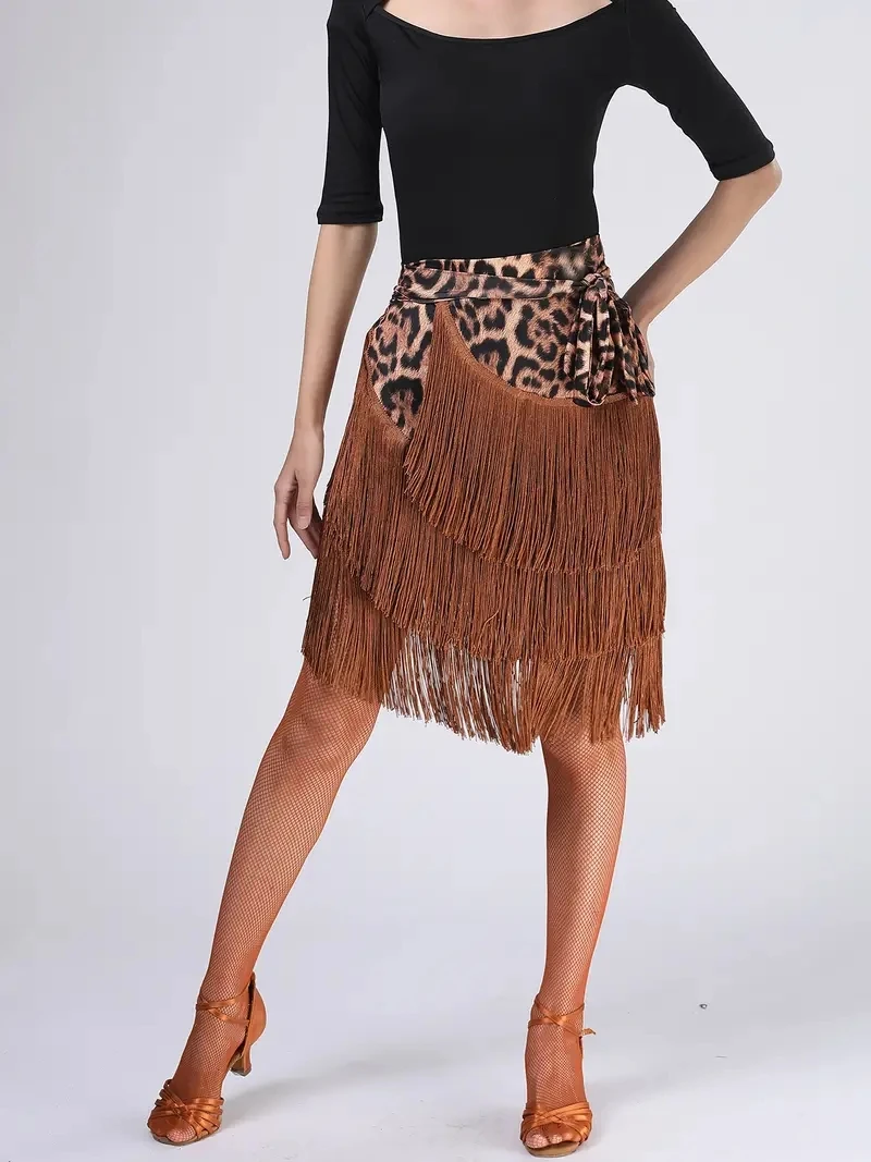 Fashion Leopard Print Hip Wrap Scarf Skirt Stretchy Asymmetrical Tassel Latin Tango Dance Ballroom Short Skirt, dance skirt