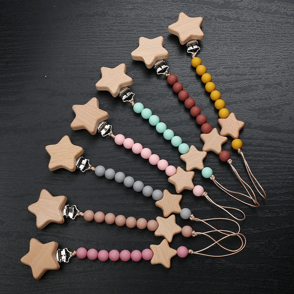 Beech Wooden Star Pacifier Baby Pacifier Clip Nipple Holder Dummy Holder for Baby Nursing Toys Accessory
