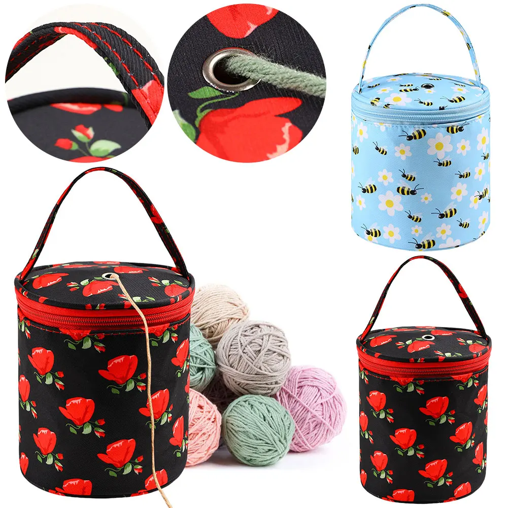 Oxford Yarn Holder Rose Pattern Yarn Storage Tote Bag with Handle Bucket Bag Short Perforated for Hooks Knitting Needles