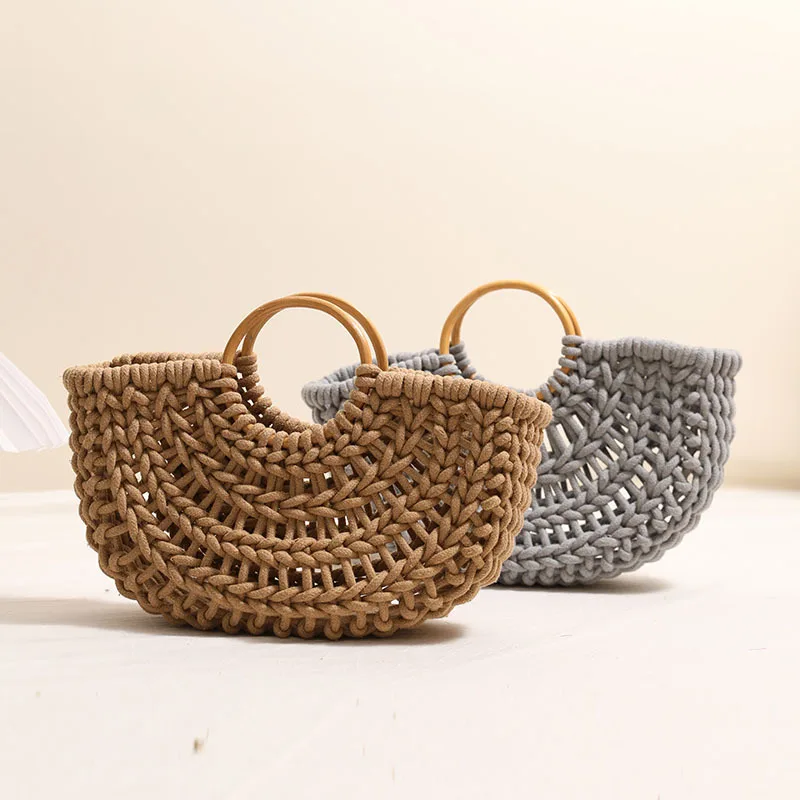 Cotton thread rope wood Bag Women Hand-Woven Handbag Moon Shape Rattan Bag Drawstring Casual Beach Shoulder Crossbody Bag