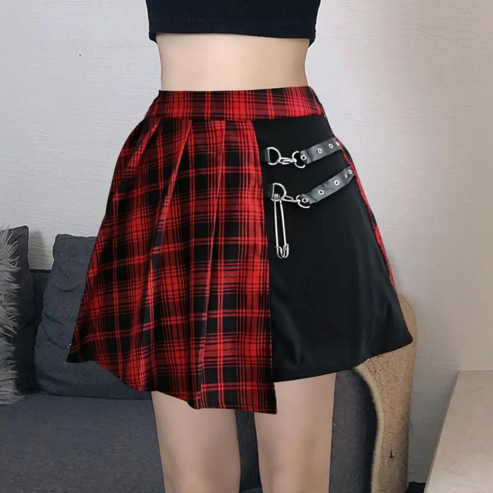 Women Skirt Faux Leather Chain Decor Comfy Mini Skirt Plaid Print