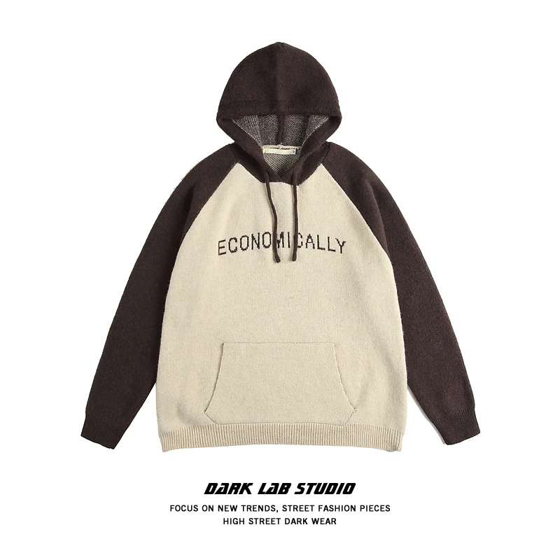 Pullover Hooded Men's Conventional Wool American Retro Letter Jacquard Color Matching Knitwear AutumnWinter Loose Couple Sweater