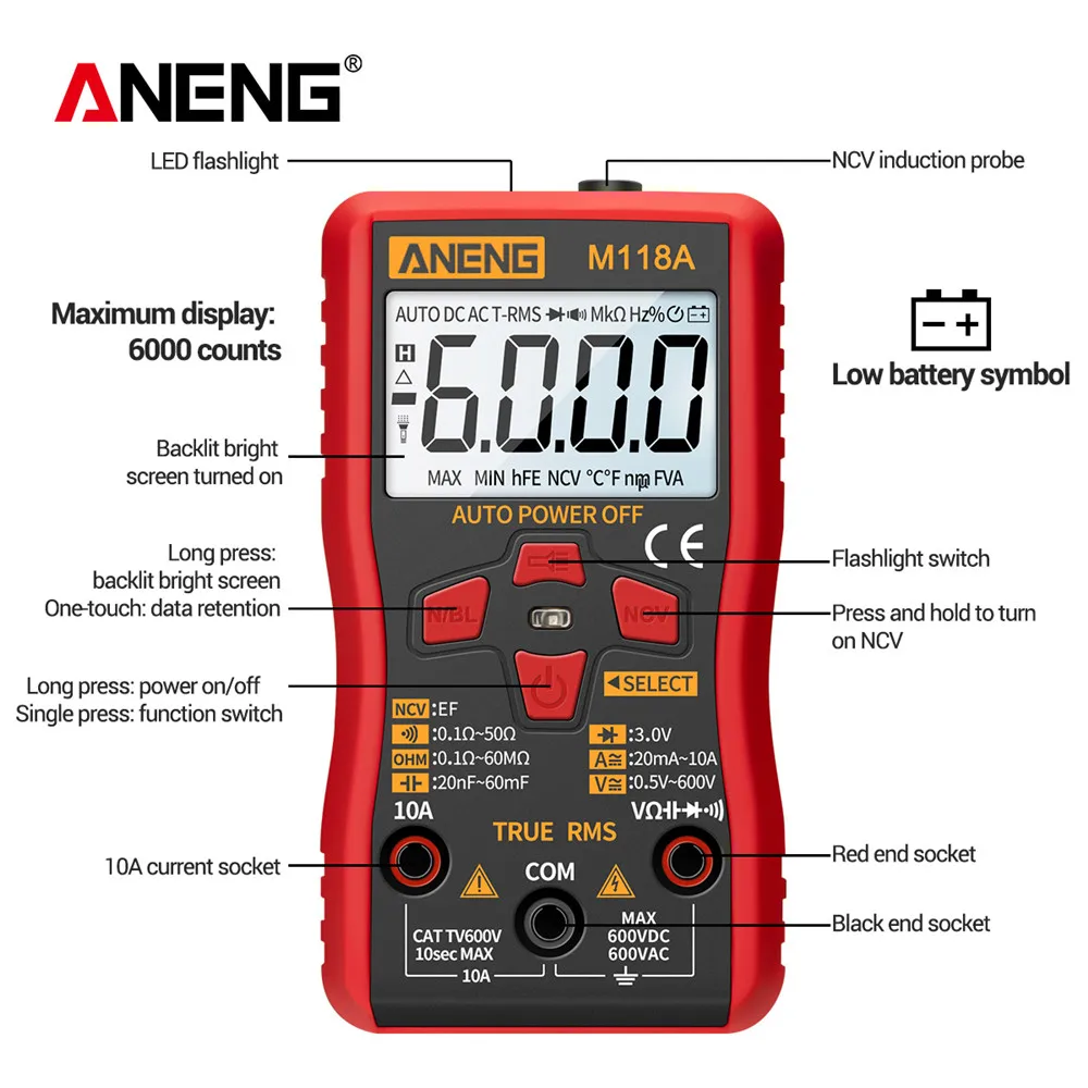 Digital Multimeter Mini Digital Multimeter Tester ANENG M118A Non-contact Induction AC/DC Voltage Current Capacitance True Rms Auto