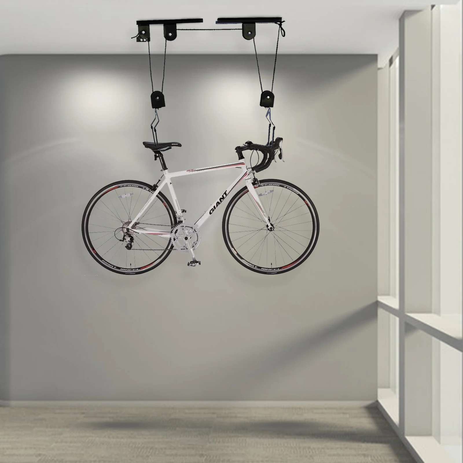 Fahrradhebevorrichtung für Garagendeckenmontage, Rollensystem, Fahrradaufbewahrungsset mit Fahrradaufhängern für die Garagenaufbewahrung – Detail 1