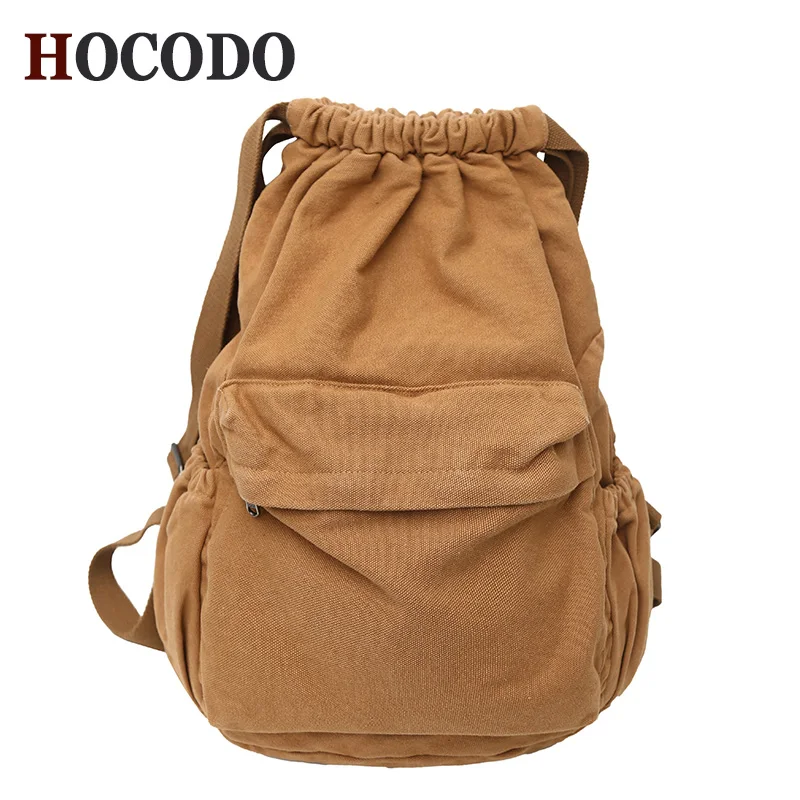 HOCODO Canvas Drawstring College Backpack Fashion Anti-Theft Backpack Solid Color Student Backpack Unisex Vintage Backpack Women 