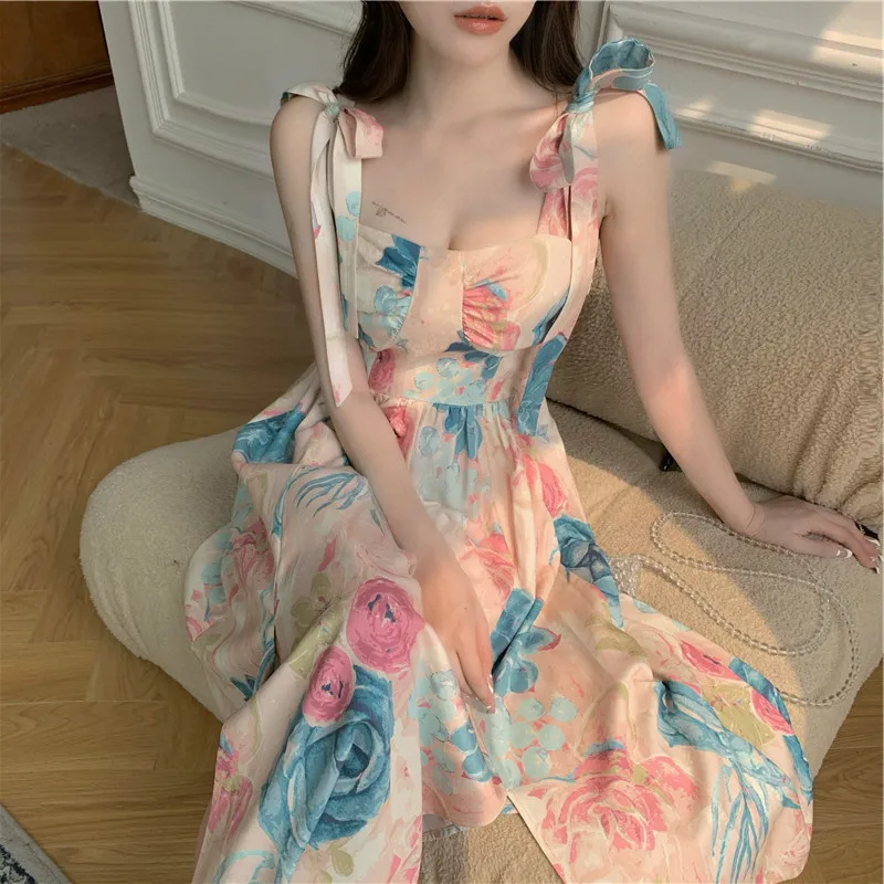 

2023 Summer New Super Fairy Bowtie Strap Dress French Vintage Oil Painting Print Dress