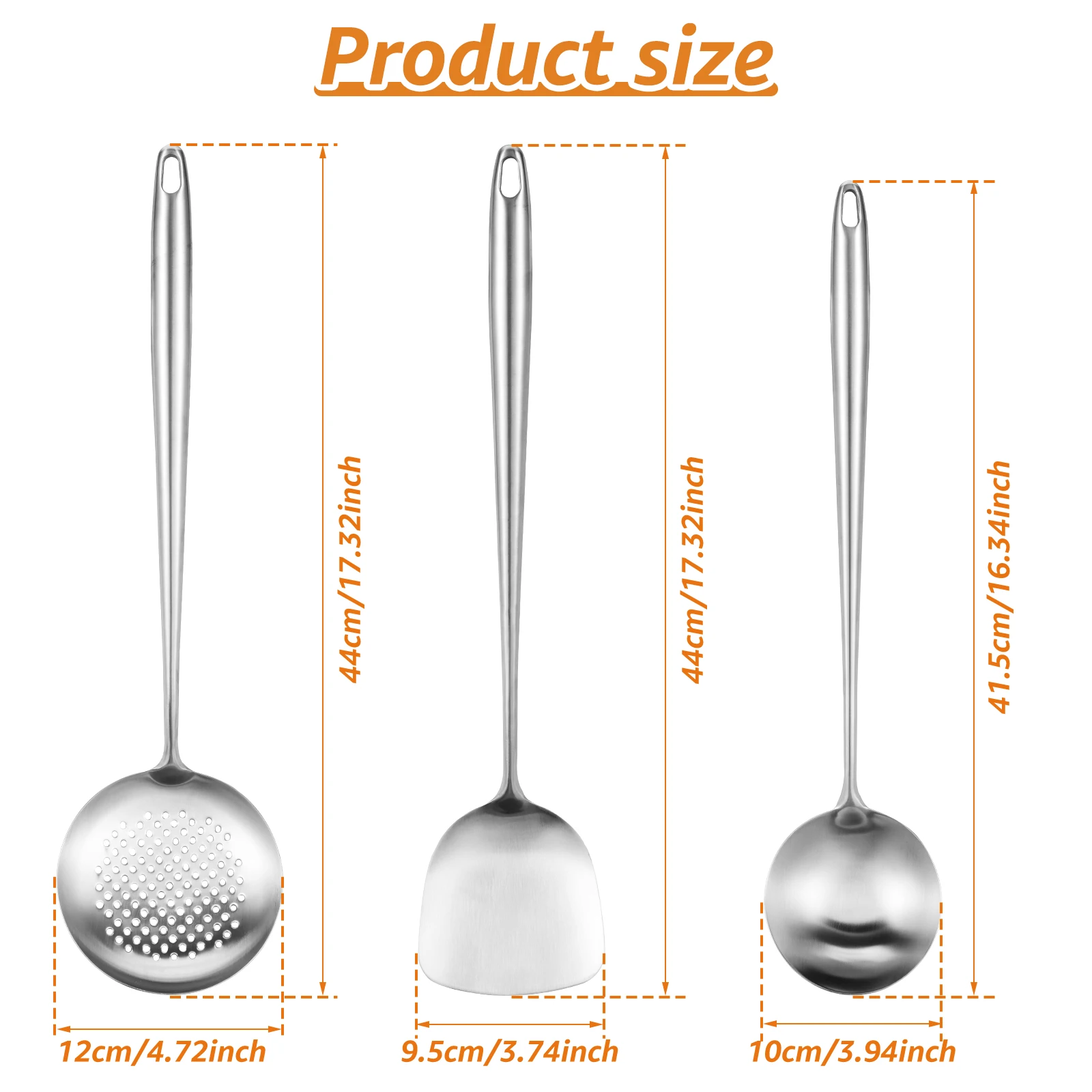 Stainless Steel Chinese Cooking Utensils Set Solid Wok Spatula and Ladle Skimmer Spoon Hanging Hole Design Kitchen Cooking Tools