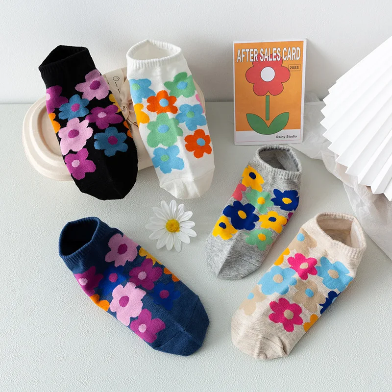 

Socks Women Cotton Cute Kawaii Streetwear Sweet Style Harajuku Low Tube Ladies Short Ankle Socks For Girls Gift Flower Print Sox