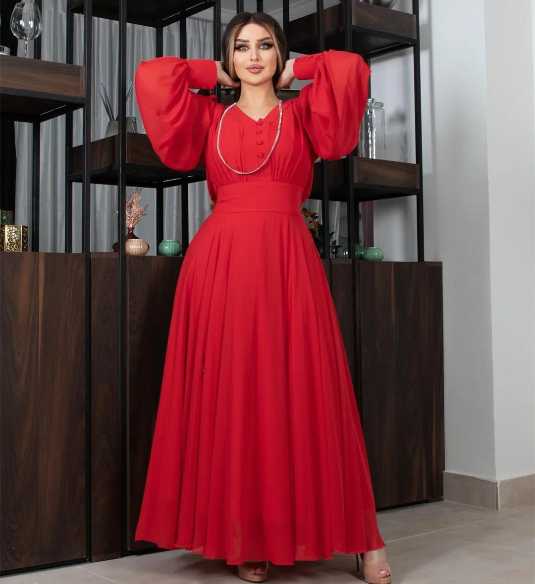 

Long Red Chiffon Evening Dresses A-Line V-Neck Floor Length Pleated Prom Dresses Robes de soirée Party Dress for Women