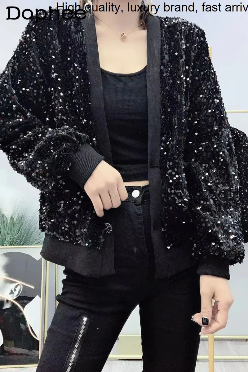 

Streetwear Sequined Korean Long Sleeve Black Coat Women Commute Leisure Loose Jacket Tops Ladies 2023 New Autumn Winter Clothes