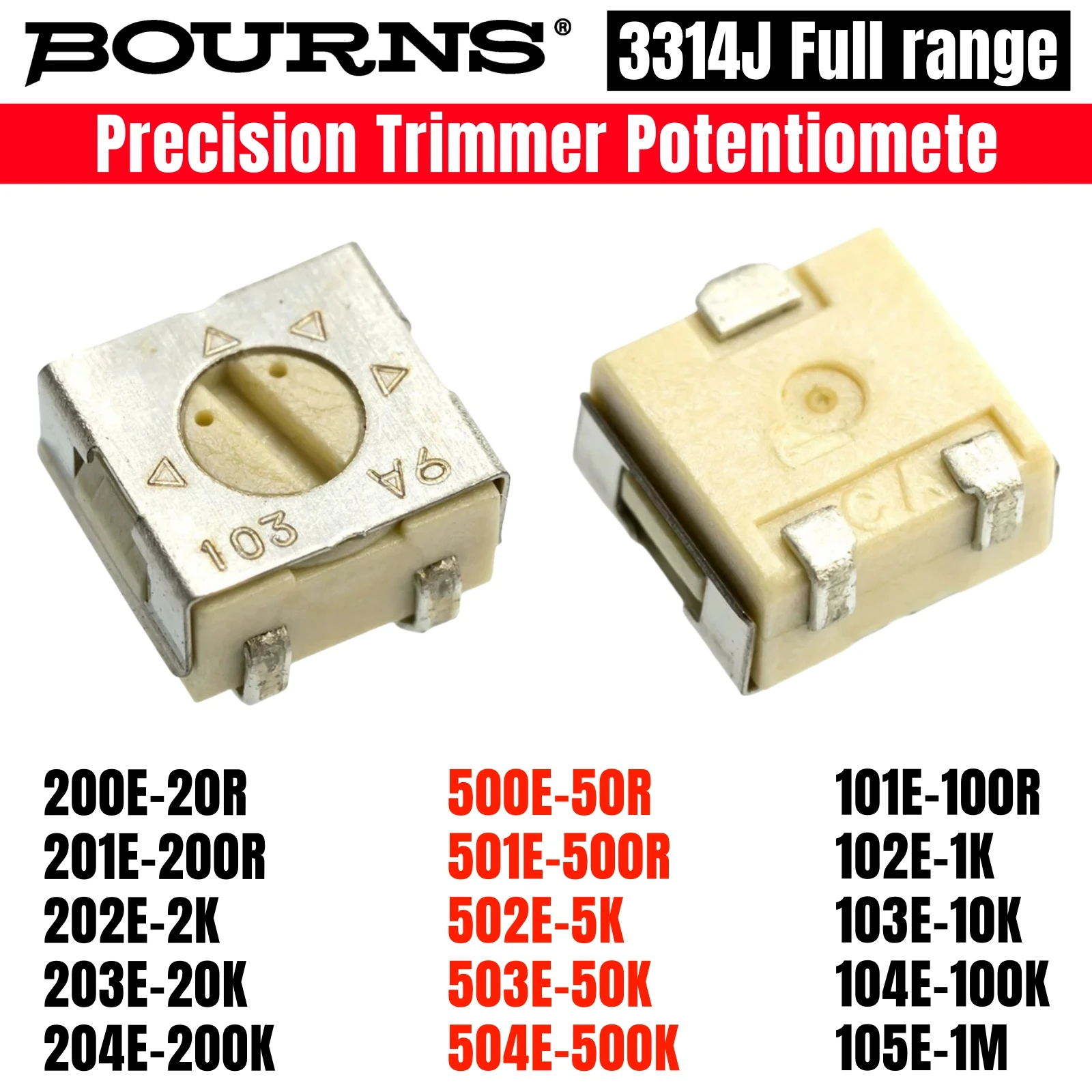 5PCS 3314J Precision Adjustable Resistance Potentiometer 20R 50R 500R 1K 5K 10K 20K 50K 100K 3314J-1 102/502/103/203/503/104E
