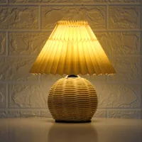 Vintage Rattan Table Lamp with Pleated Fabric Lampshade E27 Tricolored Bulb Ceramic Base Cute LED Desk Light for Bedroom Study