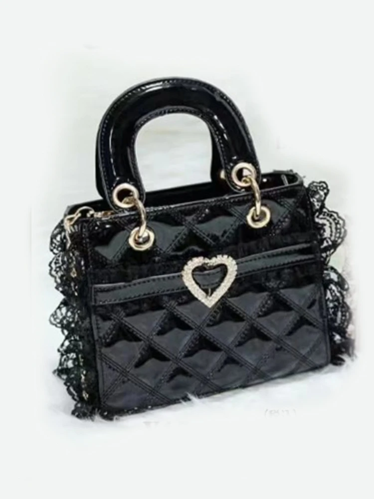 Heart Buckle Lace Stitching Messenger Bag Handbag Lady Girls Rhinestone Pearl Bow Mine Style Mass-Produced Cosmetic Bag