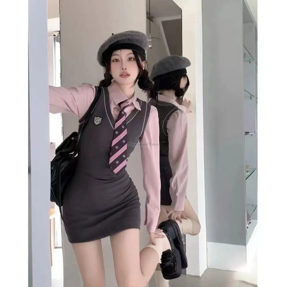 

2023 new korea style jk uniform sweet and sexy hollow pink shirt women's autumn slim sundress dress two-piece daily set