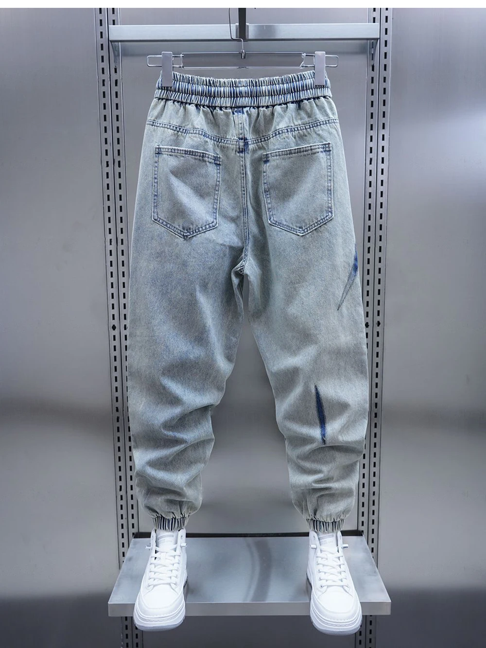 Fashionable Street Jeans Ripped Harem Pants Brand Men's Striped Embellished Pencil Trousers 5