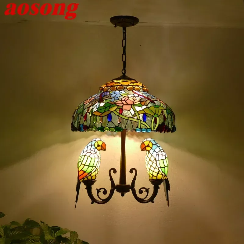 

AOSONG Tiffany Parrot Chandelier Vintage Creative Color Glass Living Room restaurant Bedroom Hotel Corridor Pendant Lamp