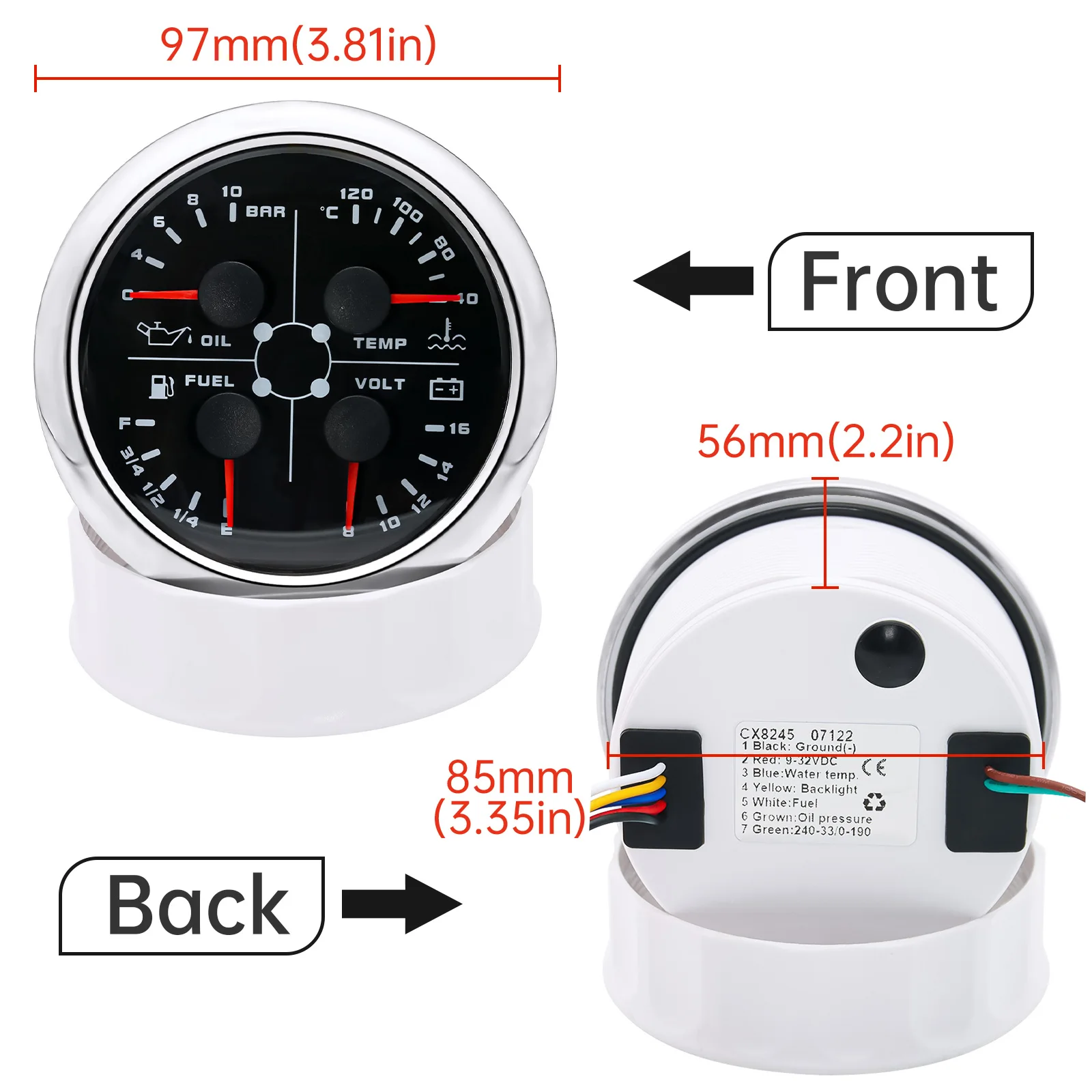HD 85mm 4 in 1 Multifunction Oil Pressure/Water Temp/Voltmeter/ Fuel Level 0-190 ohms 240-33 ohms 40-120℃ Temp With Alarm