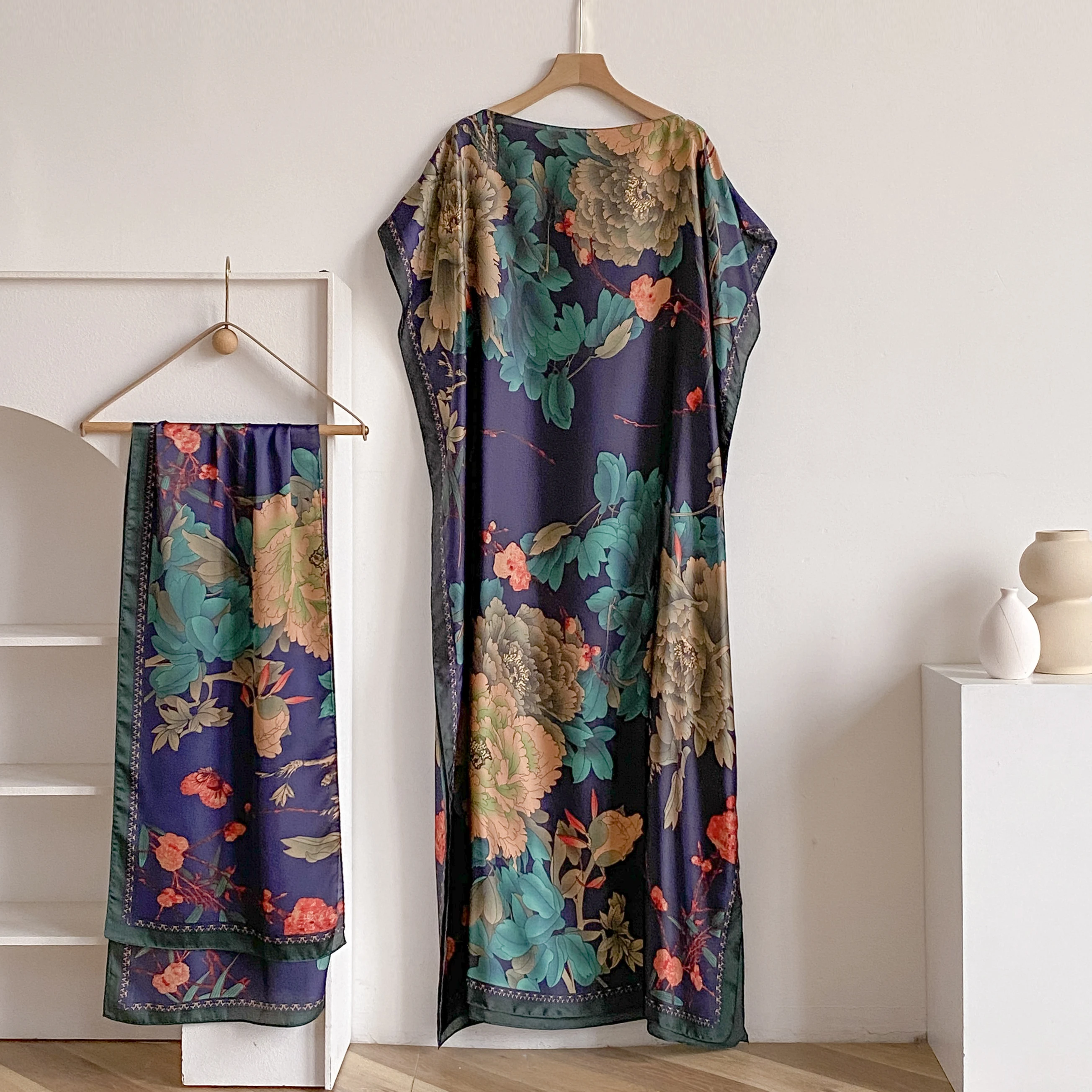 2025 Fashion Summer Dress With Big Scarf Dubai Turkey Kaftan Muslim Loose  Abaya Women African Casual Maxi Peacock Shawl Robe