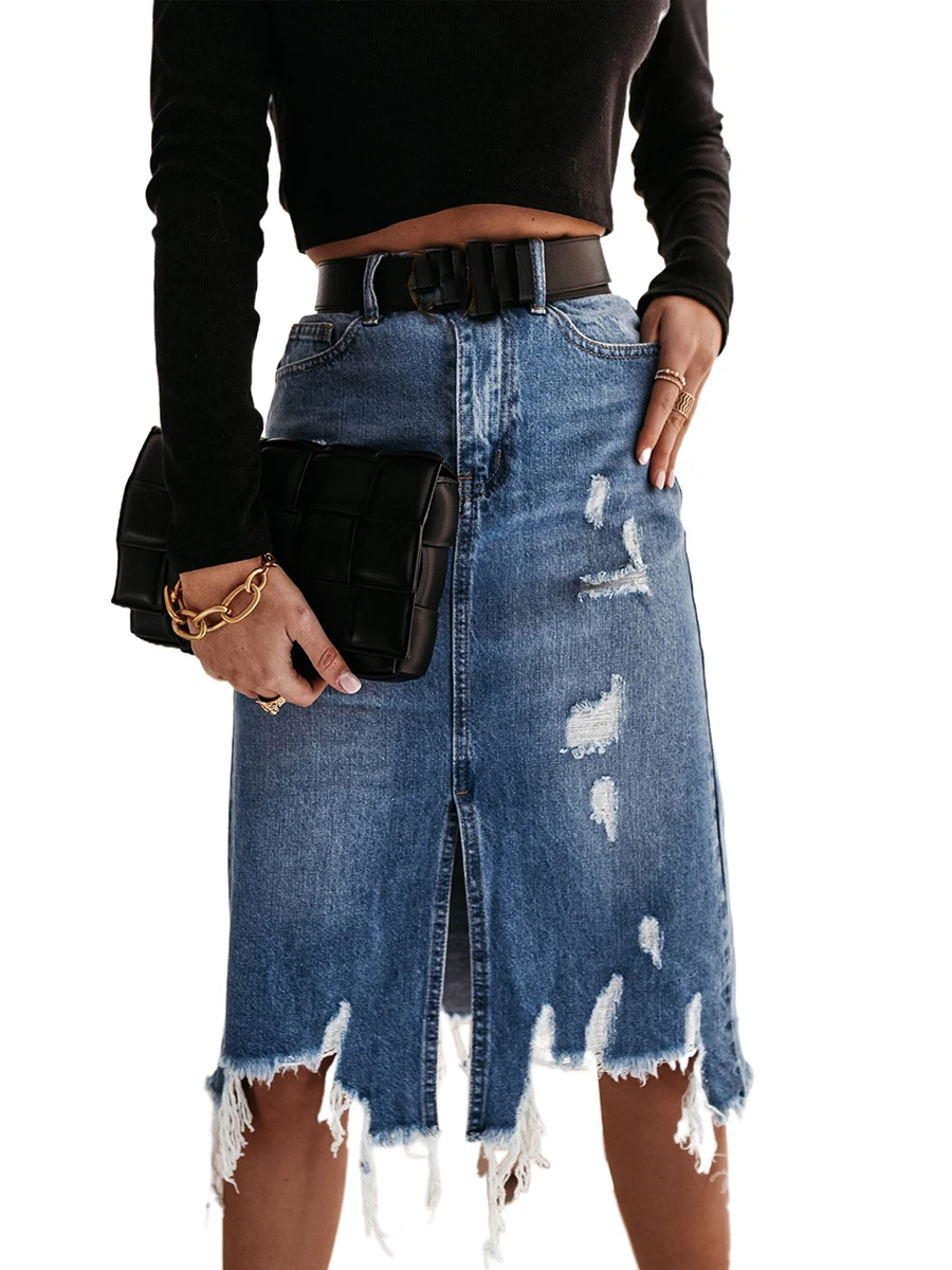 

Women s Fashion Distressed Denim Mini Skirt with Frayed Hem and Raw Edges - High Waist A-Line Jean Skirt with Irregular Tassel
