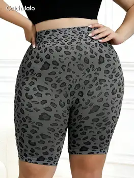 Women Plus Size Seamless Yoga Shorts Leopard Print High Waist Tummy Control High Stretch Biker Shorts For Gym Workout Fitness