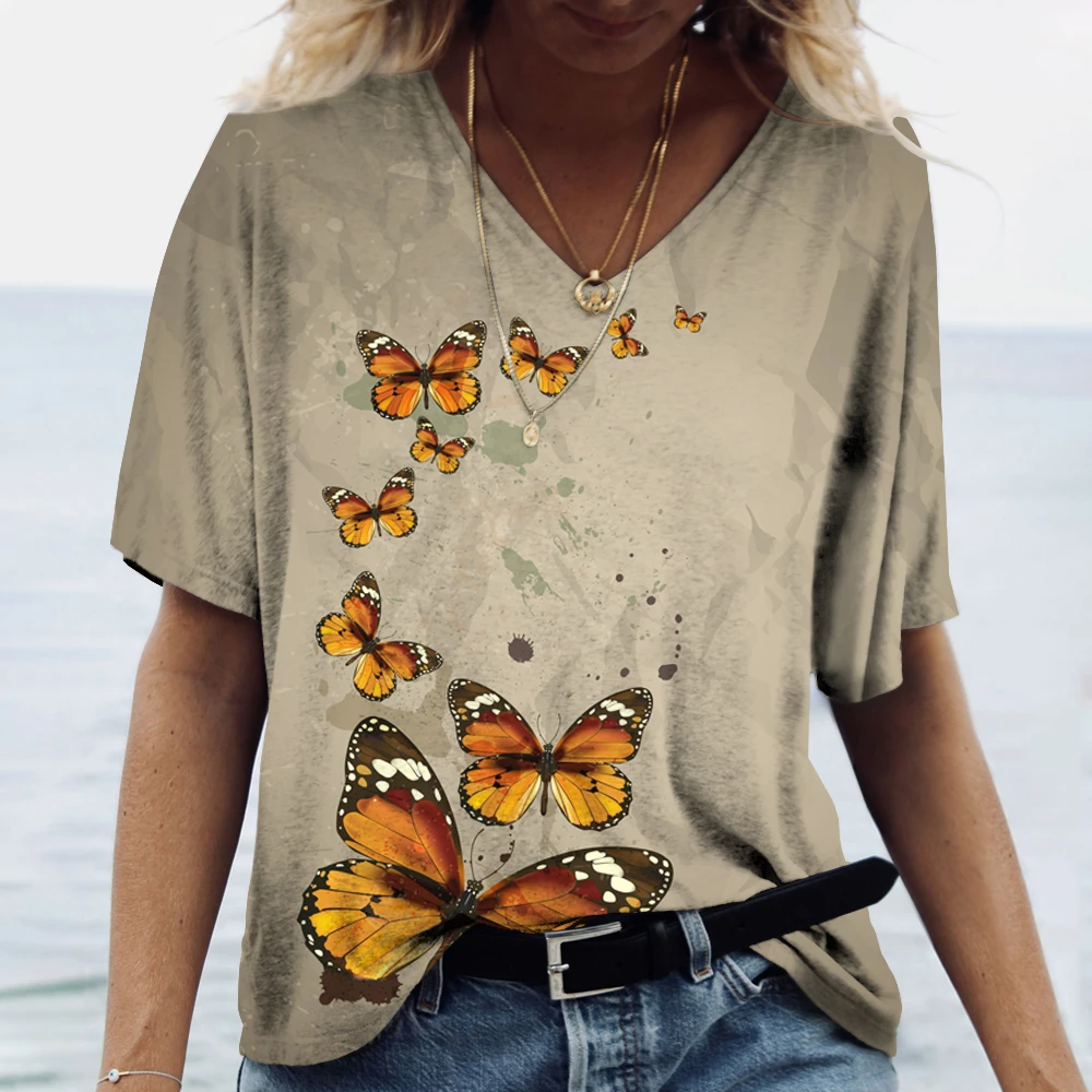 

Women's T-shirts Summer V Neck Floral Butterfly Graphic Print Fashion Tops Tees Female Harajuku Casual T Shirt Oversized Clothes