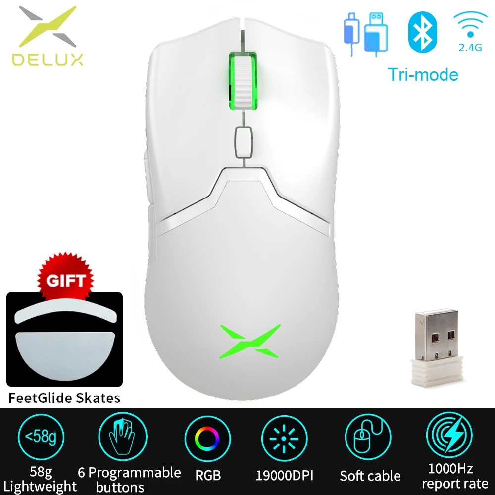 DELUX M800 PRO PAW3370 White Wireless Gaming Mouse Wired Programmable Ergonomic Mice Type C Rechargeable For Windows Mac