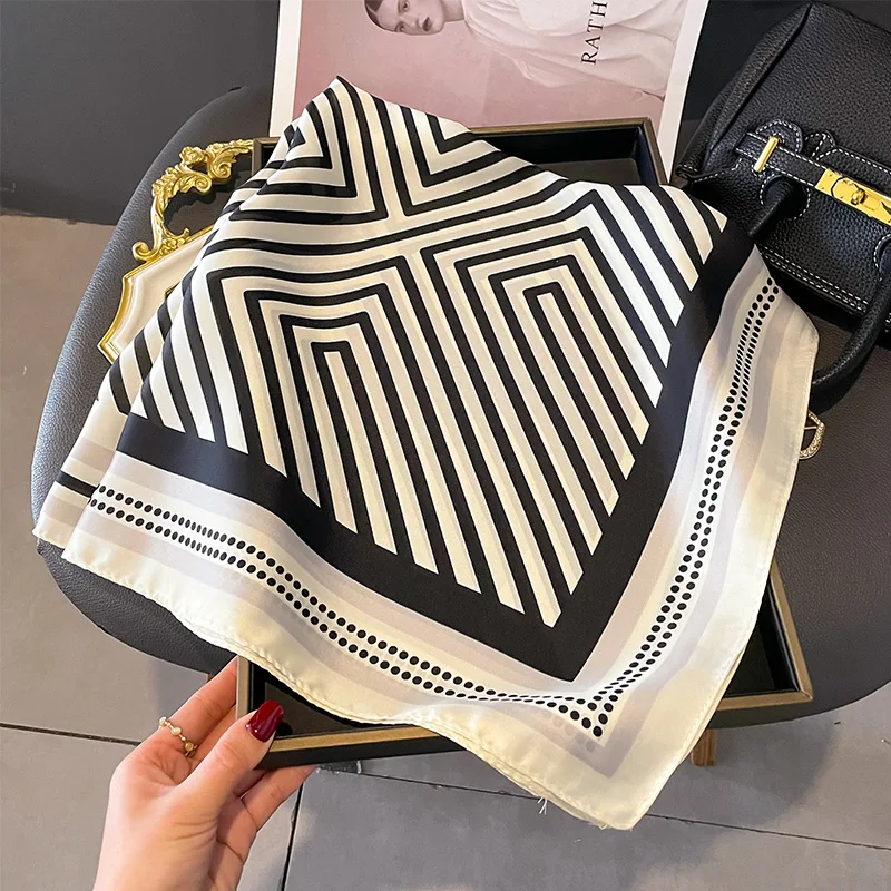 2025 Luxury Brand Silk Square Plaid Scarf Women Satin Neck Hair Tie Band Soft Work Neckerchife Hijab Head Female Foulard