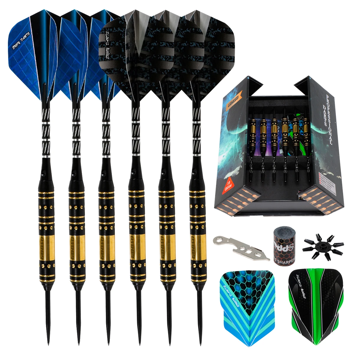 

Professional Brass Barrel Darts, Metal Tip Set, Stylish Case, Extra Flights, Dart Sharpener Accessories, Wrench, 6 Pack, 18g