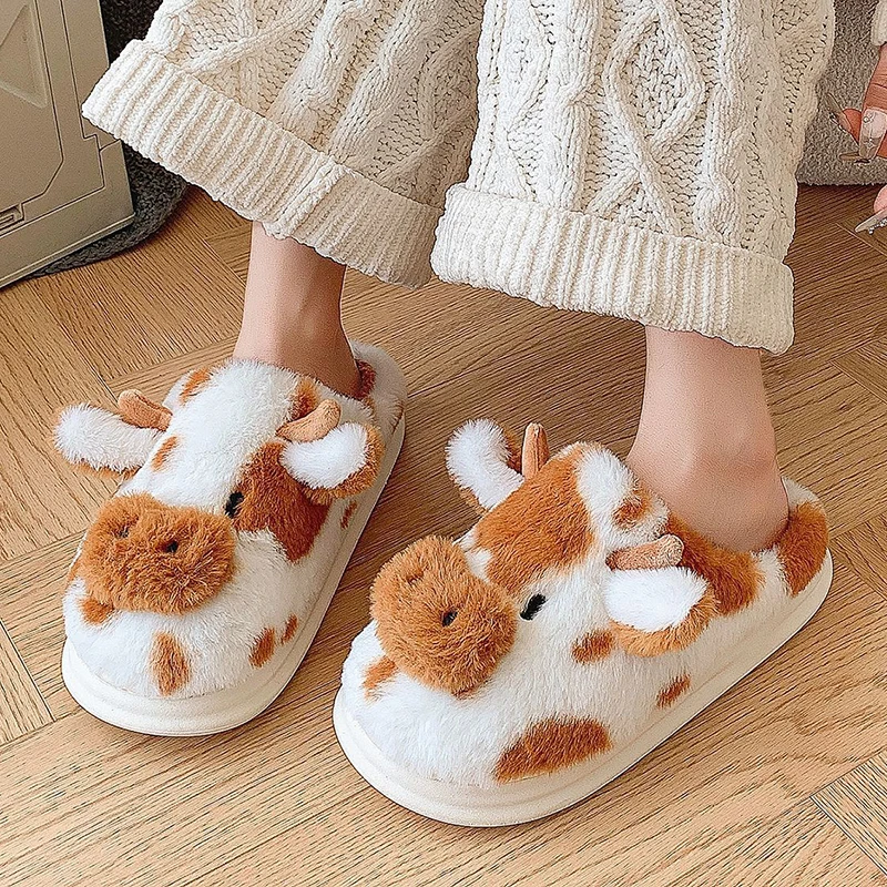 Cute Cartoon Fluffly Cow Slippers Women Winter New Indoor Platform Cotton Slippers Woman Non Slip Warm Plush Home Shoes Female