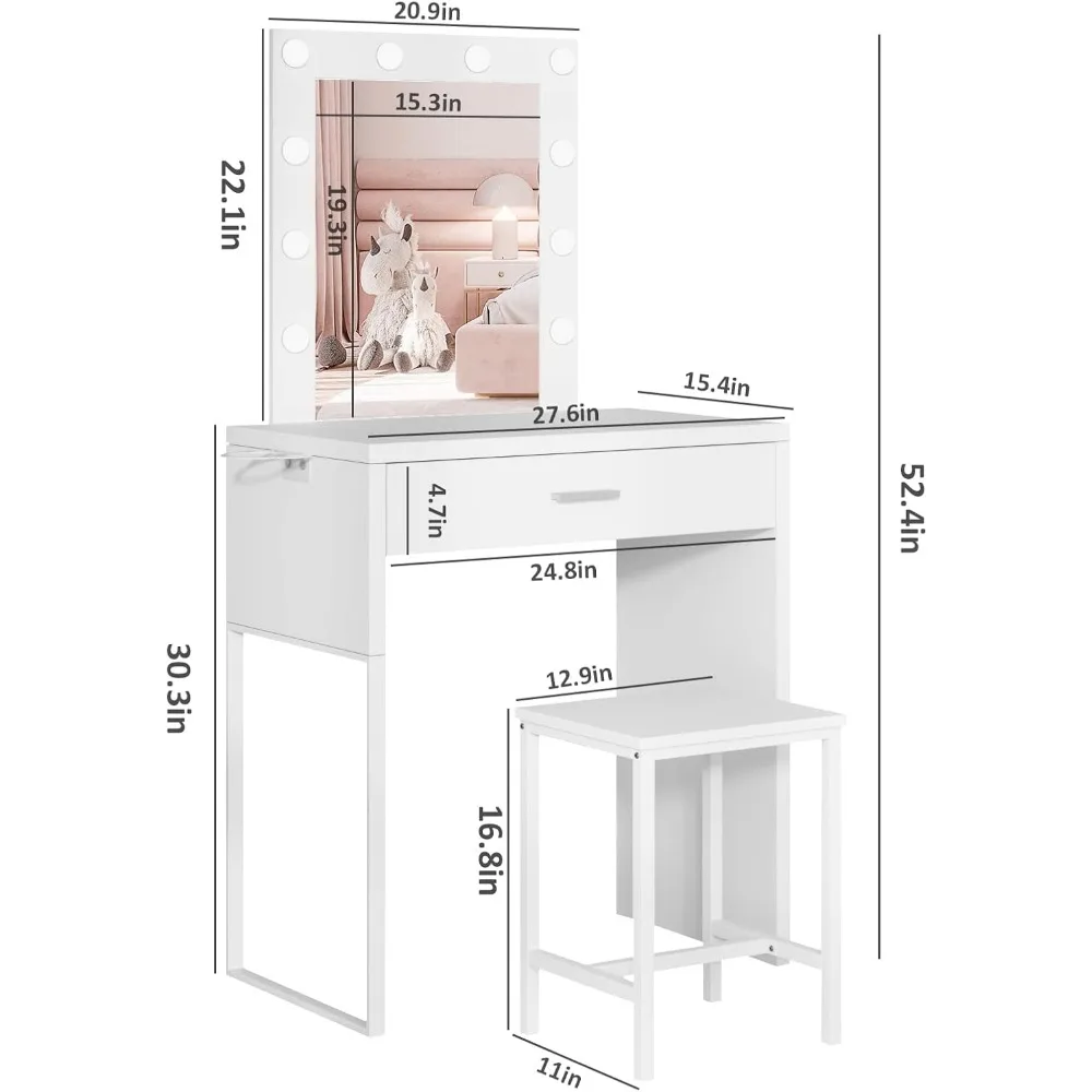 Vanity Makeup Desk with Mirror and Lights, Vanity Table and Chair Set, Brightness Adjustable, Small Dressers for Girls' Bedroom 3