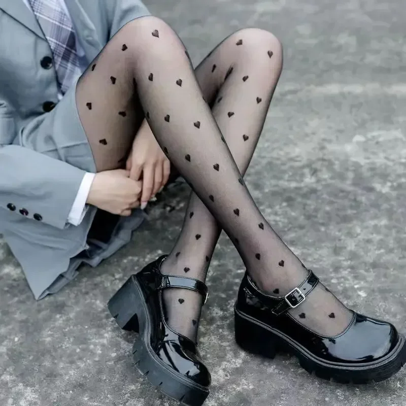 Young Girl's Pantyhose Girls Sweet Heart Pattern White Silk Socks High Elastic Women Sexy Stockings Japanese Kawaii Anime Tights