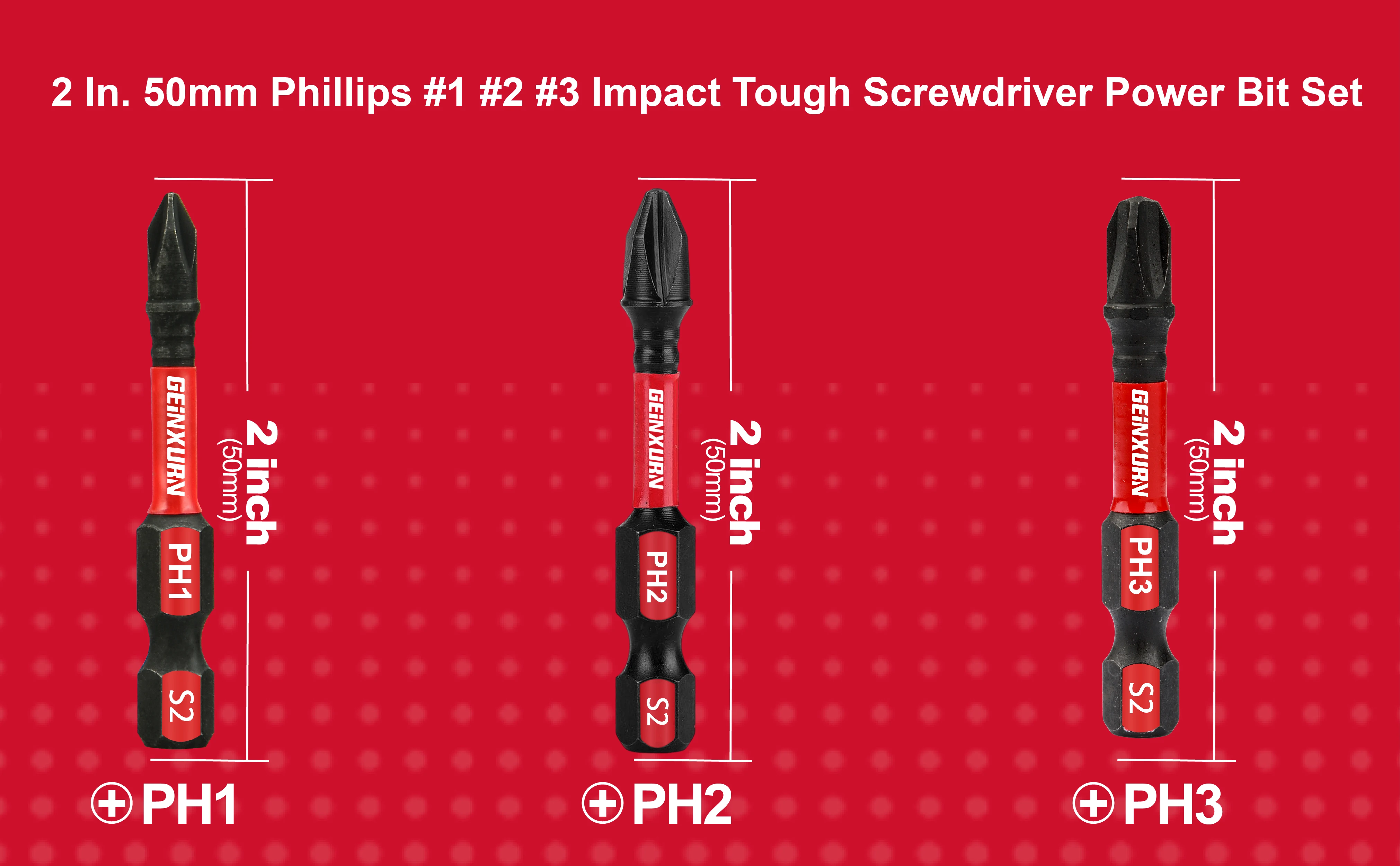 Geinxurn 2in. Schlag robust # 1 # 2 # 3-Kreuzschlitz-Schraubendreher-Bit-Set, magnetisches Power-Bit-Set aus S2-legiertem Stahl (PH1/PH2/PH3) – Detail 3