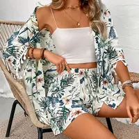 Two Piece Set For Women Outfits Open-front Cardigan Smock Flower Printed Beach Shorts Summer Suits Female Clothing Beachwear - Image 3