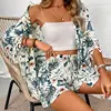 Two Piece Set For Women Outfits Open-front Cardigan Smock Flower Printed Beach Shorts Summer Suits Female Clothing Beachwear 3