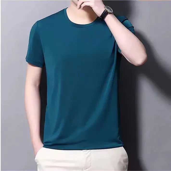 thumbnail image 1 of Camiseta de seda helada de color sólido, de manga corta, transpirable, con cuello redondo y media manga para hombre, 1 of 5