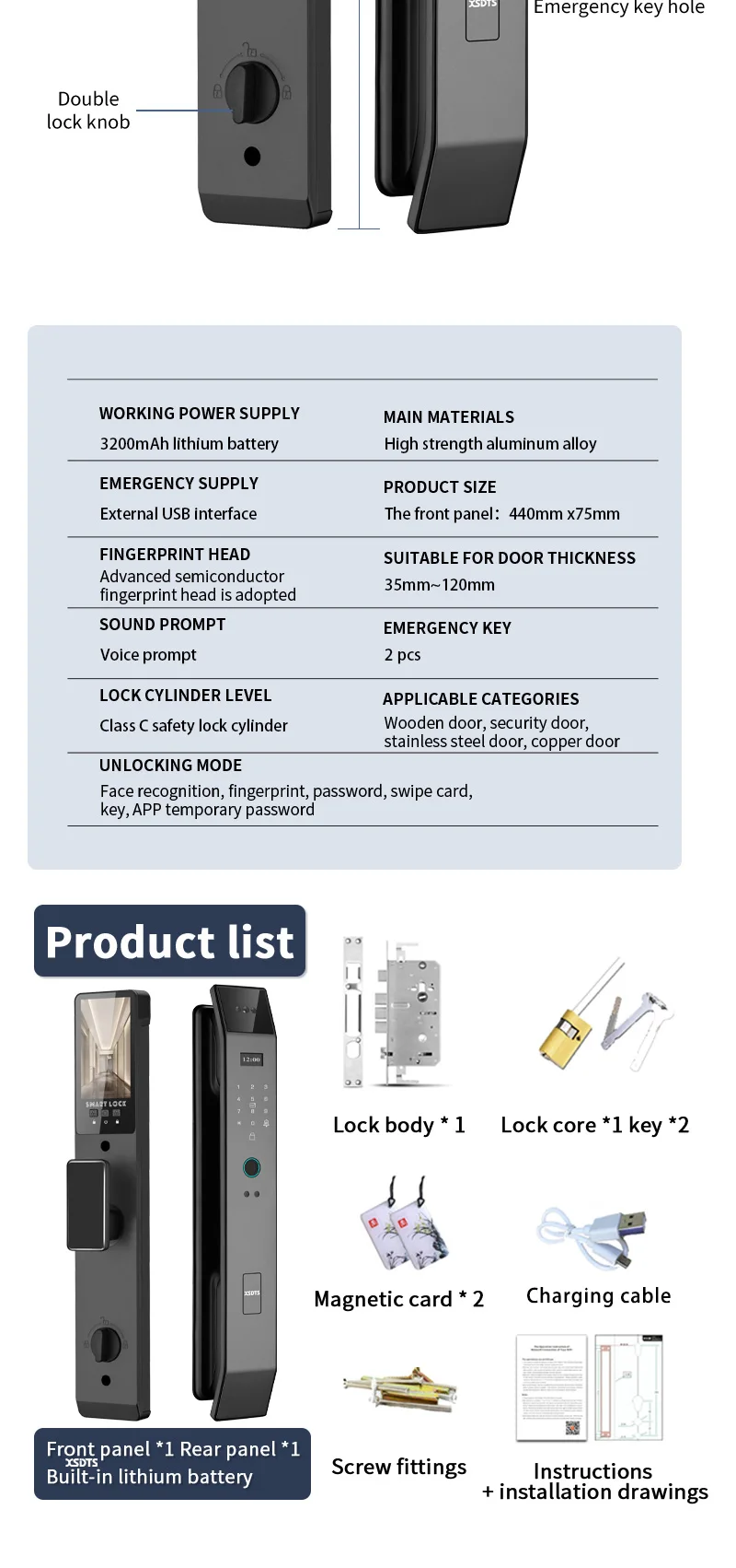 Tuya APP Smart Life APP Control Voice Intercom Smart Lock 3D Face Recognition Fingerprint Password Smart Door Lock With Camera