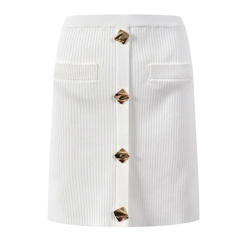 

New 2023 Autumn Winter Fashion Knitted Skirts High Quality Ladies Big Button Deco Mini White Black Bodycon Sheath Pencil Skirts
