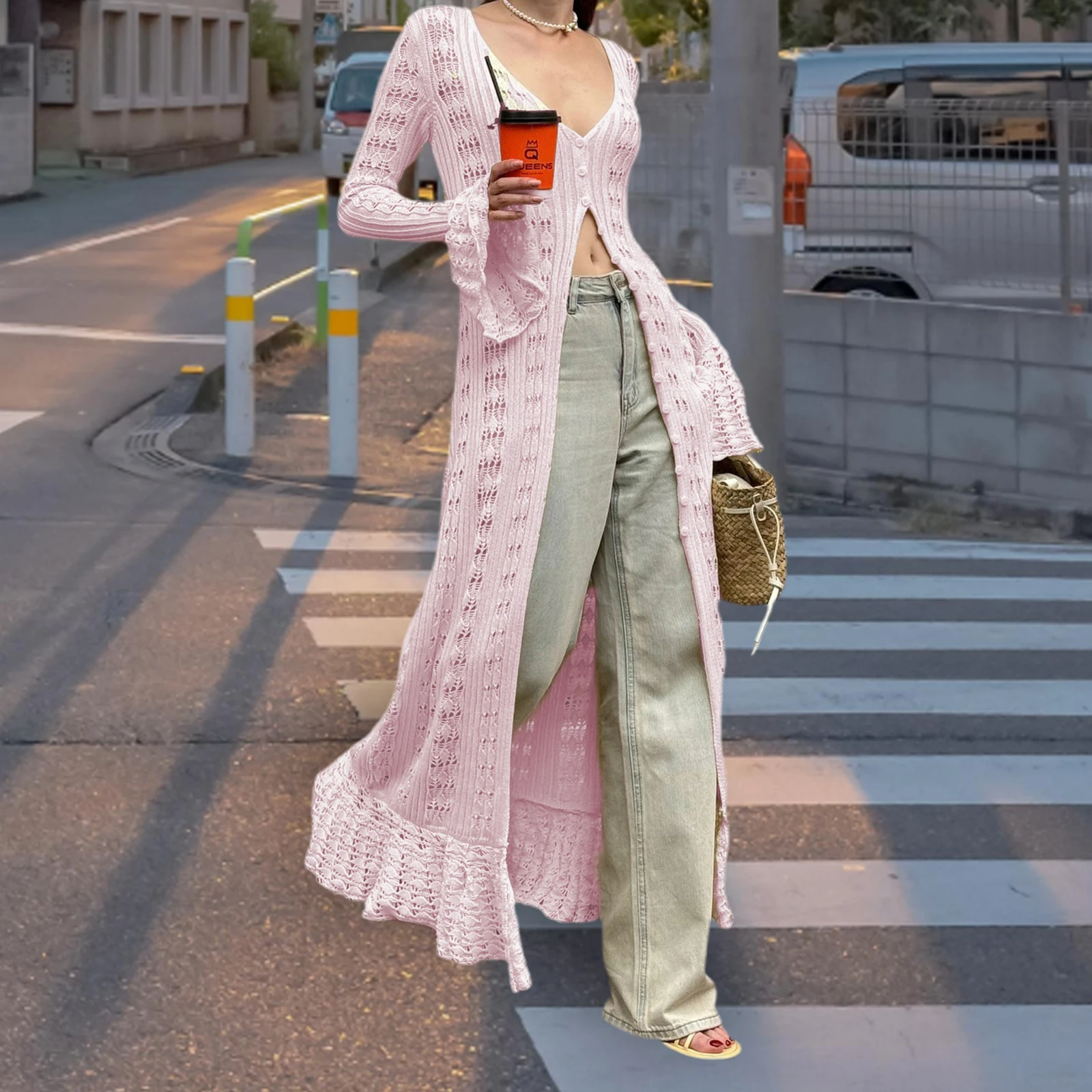 Women Knit Dress Long Sleeve Button Closure Cardigan Hollow