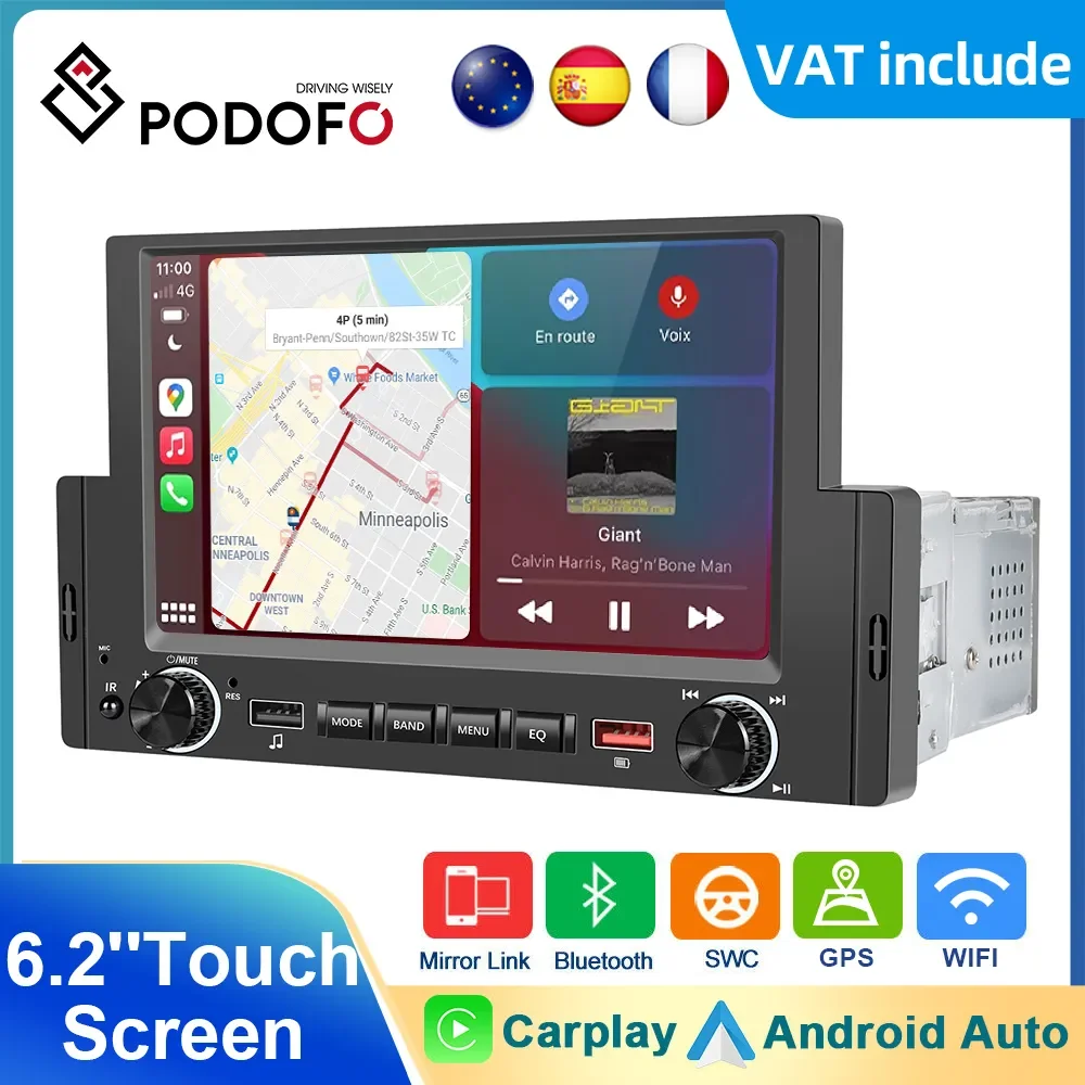 Podofo Car Stereo Radio 1Din 6.2 ''Touch Screen Car Android Radio 1 + 16G Carplay Android Auto Bluetooth Wifi Per Toyota Universale