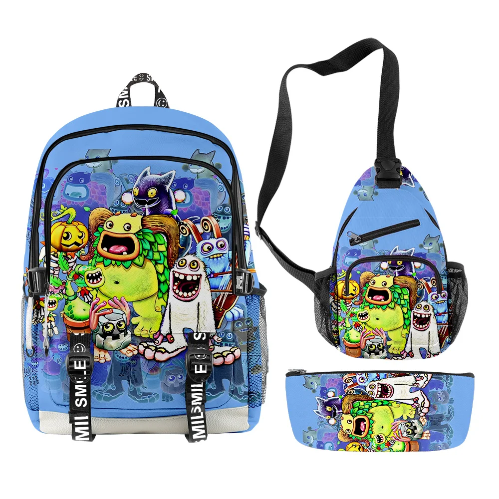 Popular Trendy my singing monsters 3D Print 3pcs/Set Student School Bags multifunction Travel Backpack Chest Bag Pencil Case