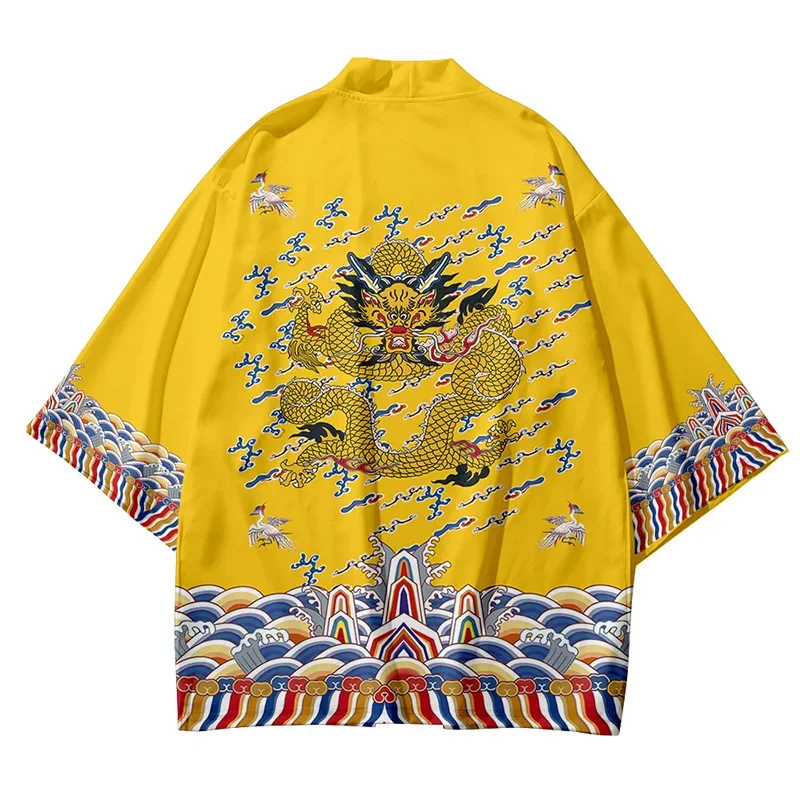 Yellow Cardigan Tops Women Men Cosplay Haori Asian Clothing Chinese Dragon Print Traditional Kimono Japanese Fashion Shirts