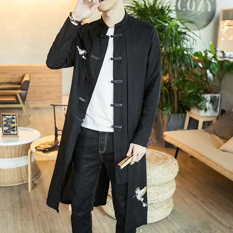 New Men's Linen Embroidery Crane Coat Kimono Vintage Long Gown Jacket Chinese Style Loose Male National Streetwear