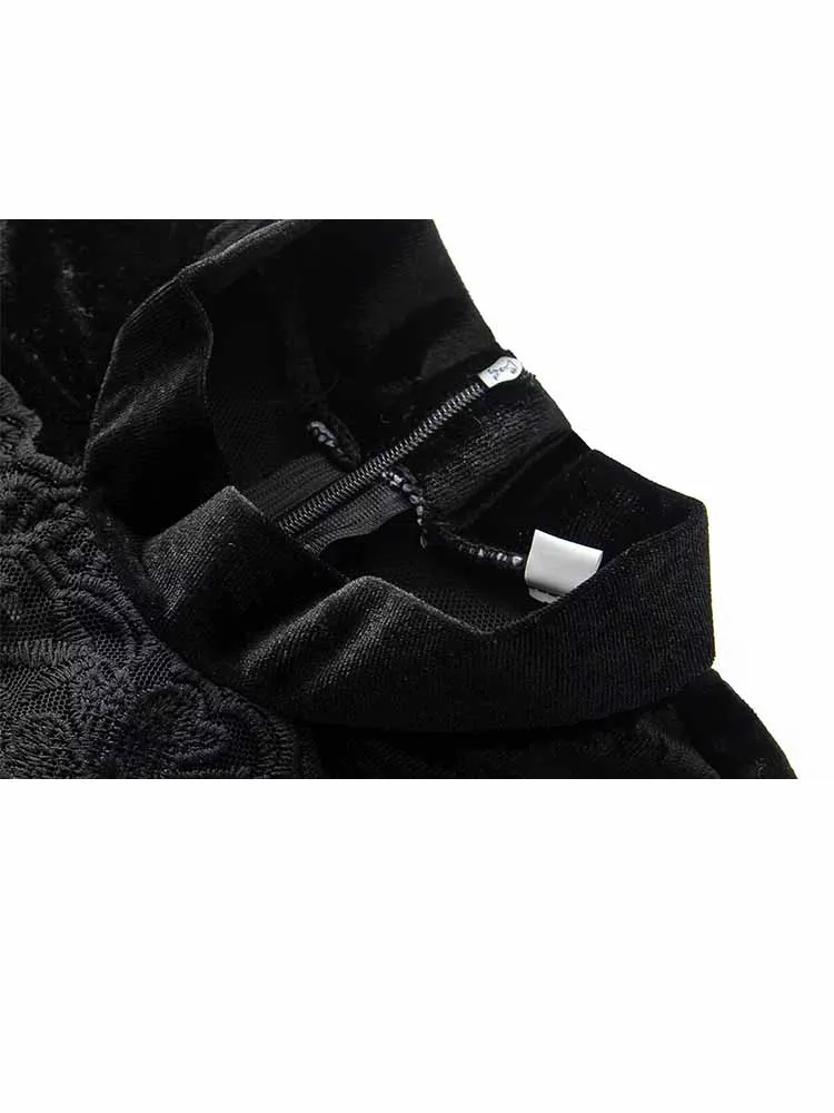 HH Neues Damen Frühlingsmode Langarm-Kleid mit Rundhalsausschnitt, Spitzenverzierung und Samtstoff, Langes Freizeitkleid für Damen, Vielseitig Einsetzbar