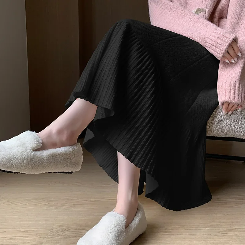 Maternity Knitted Pleated Mini Skirt High Waist No Belly Support Slimming Mid-Length A- Line Umbrella Skirt Autumn Winter New St