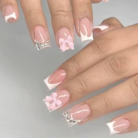 24pcs Short French Press On Nails Pink Bowknot Sweet Korean Fake Nail Tips for Girl Women Wearable Shiny Diamond False Nails