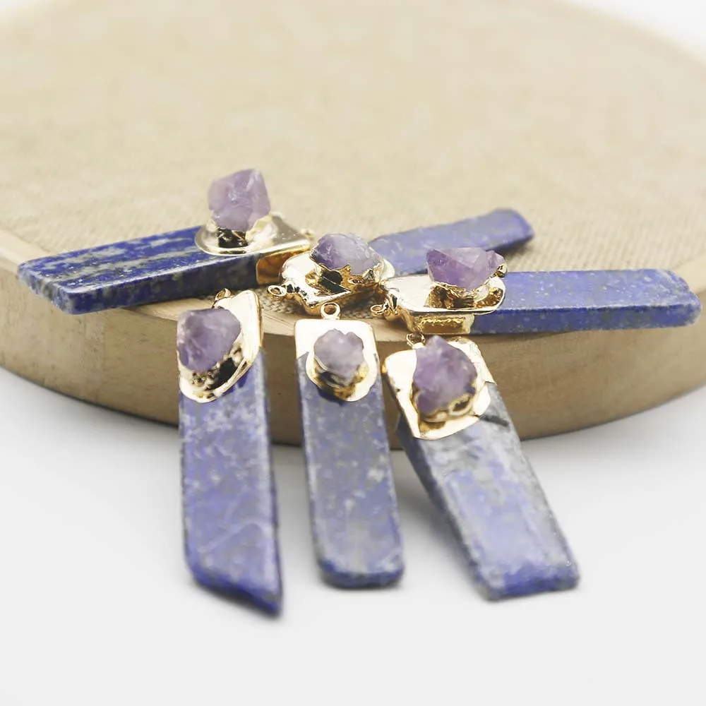 Natural Lapis Lazis Long Inset Irregular Amethyst Necklace Pendant Sweater Chain Jewelry Accessories Wholesale 8PcsFree Shipping