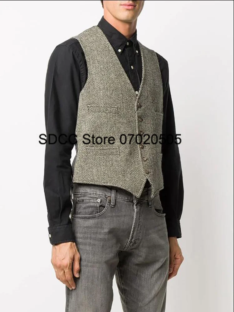 

Men's Suit Vest V-Neck Single Breasted Herringbone Wool Sleeveless Jacket Wedding Groomsmen Party Suitable for Male Waistcoat