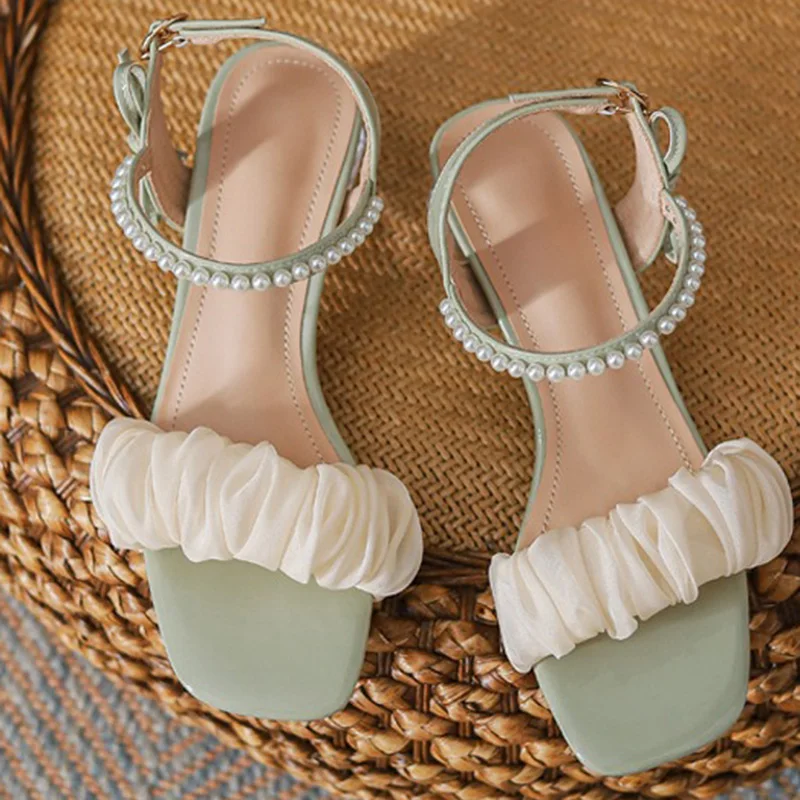 

2024 Summer Women 4cm Clear High Heels Pumps Luxury Pearl Silk Butterfly Knots Sandals Elegant Prom Dress Light Green Shoes